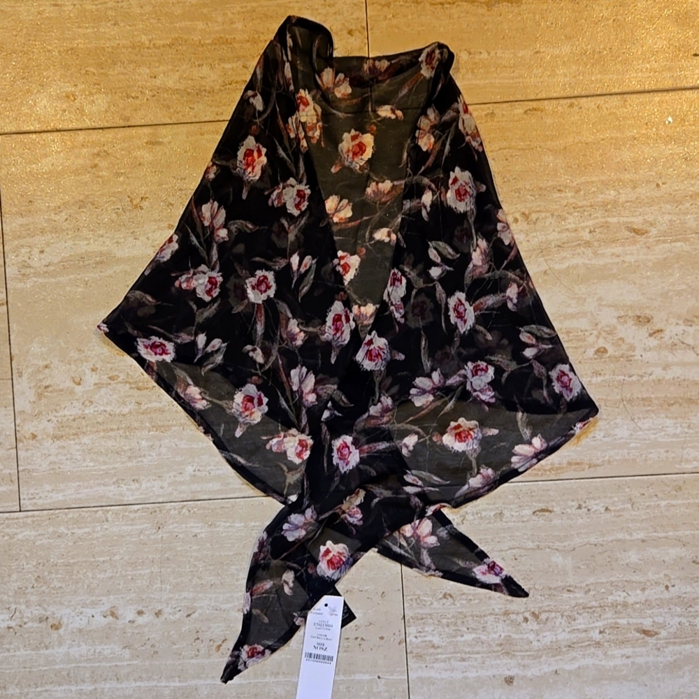 New White House Black Market 100% Silk Luxe Floral Sheer Black Kite Scarf